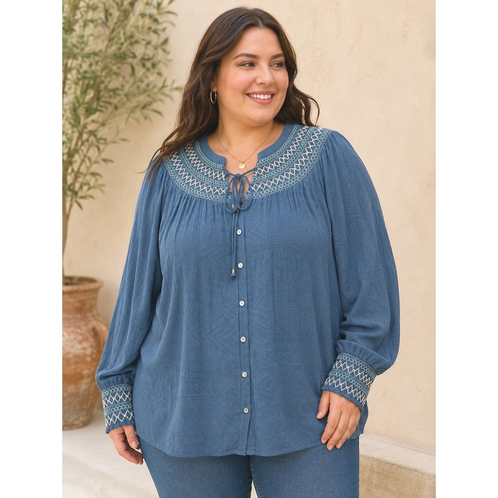 Nurture NWT Peasant Blouse Women 3X Blue Embroidered Long Sleeve Boho Top